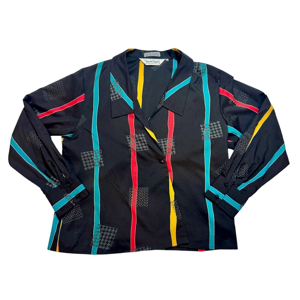 Diane Von Funstenberg Blouse Black Women’s 14 VTG Retro 80s 90s Abstract Graphic